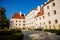 Trebon, South Bohemia, Czech Republic, 9 October 2021: Castle Courtyard, Renaissance chateau with tower and sgraffito mural