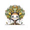 tree anthropomorphic face leaves fruit whimsical vibrant. Multicolored foliage happy expression
