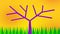 Tree with apples against the yellow sky, sun and green grass. Cartoon positive drawing,