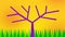 Tree with apples against the yellow sky, sun and green grass. Cartoon positive drawing, video screensaver. Dynamic art. Fruit.