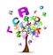 Tree with bright balloons in the shape of letters