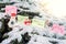 Tree Christmas toys snowman, donkey, bear, and with paper stickers and the words gift, new year, winter, snow