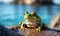 a tree frog with bright eyes on rocks by a lake