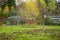 Tree fruit garden on late autumn day. Growing own fruits and vegetables in a homestead. Gardening and lifestyle of self-