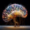 A tree with glowing wires and a brain