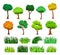 Tree with Green Lush Crown and Trunk with Tall Grass Blades Big Vector Set