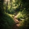 tree green wood forest nature path summer pathway leaf landscape. Generative AI.