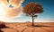 A tree growing in the desert, soil split by drought