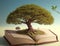 a tree growing on an open book The concept of knowledge grows like a big tree.generative AI