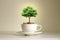 A tree growing on a pile of coins in a white coffee cup financial growth idea.
