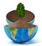 Tree growing on soil inside half open globe. 3D illustration