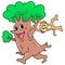 A tree with a happy face walking playing with the hanging monkey, doodle icon image kawaii