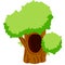 Tree with hollow. Wood with hole. Brown bark of plant and green leaves. Nest of forest animal.