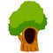 Tree with hollow. Wood with hole. Brown bark of plant and green leaves. Nest of forest animal.