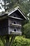 Tree house for birds. Place for feeding migratory birds. Object in park. Taking care of birds.