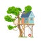 Tree house with children playground area. Vector illustration isolated on white background