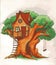 Tree house. House on tree for kids. Children playground with terrace, swing and ladder illustration