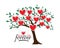Tree illustration in spring with red hearts. vector. You and me forever. Romantic love wording design, lettering. Wall art