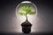 Tree inside lightbulb, green energy concept, dark background
