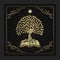 The tree of knowledge with ancient books with engraving, hand drawn, luxury, celestial, esoteric, boho style, fit for spiritualist