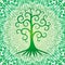 The tree in of life against the square background of the openwork mandala in green colors.