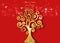 Tree of life isolated on red background with bright white snow. Christmas and Happy New Year theme, gold shiny luxury tree design