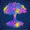 The tree of life with an om / aum/ ohm sign on a blue openwork background. Spiritual mystical and environmental symbol.