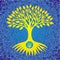 The tree of life is yellow with a trident against the background of an openwork blue mandala.