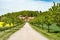 Tree lined avenue leading to a large farmhouse