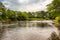 A tree lined pool on the River Dee in low water in summer, Scotland