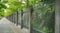 Tree-lined sidewalk with beautifully geometric fence