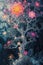 A tree with many flowers and leaves in a dark forest, AI