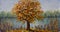 Tree near the lake, autumn yellow leaves, the reflection of trees in water against the sky