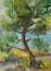 Tree oil painting. Sketch of a pine tree