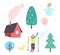 Tree Pine and Houses Person Skiing Set Vector