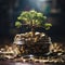 tree plant growing on ground made of money depicting Continuous Business Growth Investment concept and profitability concept