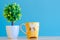 Tree plastic and tea cup on blue background,select focus.