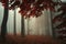 Tree with red leaves in enchanted magical forest with fog