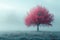 A tree with red leaves standing in a misty field