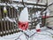 Tree with red and yellow Christmas ornaments and snow