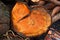 Tree rings of the italian Stone pine, old tree trunk of a fallen parasol pine in italy