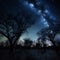 tree silhouette milky landscape universe space sky star nature way night. Generative AI.