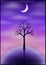 A tree silhouette on a small icy planet with a pink and purple starry sky.