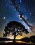 Tree silhouetted against a starry night sky