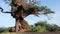 Tree with sociable weaver nest and flying birds