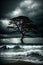A tree standing against the storm on a beach with a dark sky and waves.
