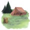 Tree stump, cut wood trunk, axe with wooden handle. Green glade, field, edge. Fir tree, spruce. Tarp canvas tent for