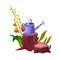 Tree stump vector isolated cartoon icon with bell plant, watering can, trunk, green leaves, roots.