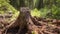 A tree stump in the woods.Exploitation of pine forests leads to deforestation, endangering the environment .