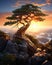 A tree on the top of a mountain and an amazing dawn. Illustration. Created with AI technology